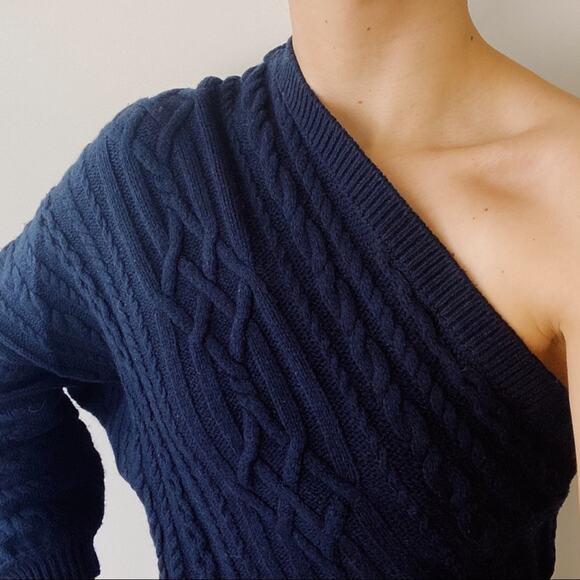 Joie One-Shoulder Navy Cable Knit Sweater - Picture 1 of 7